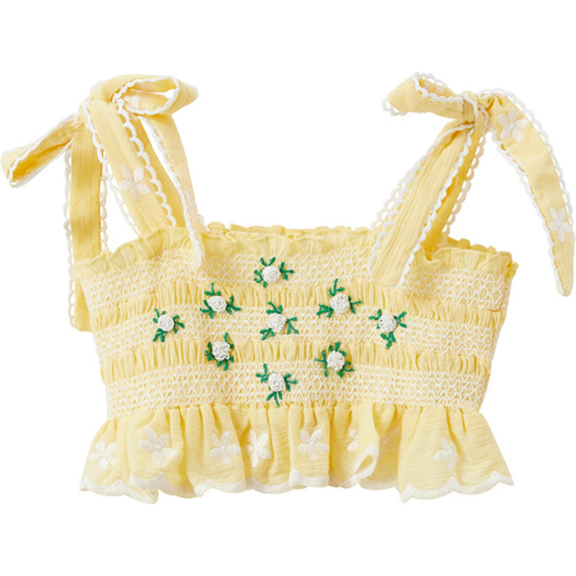 Lunette Floral Embroidered Tie-Up Strap Cropped Top, Lemon