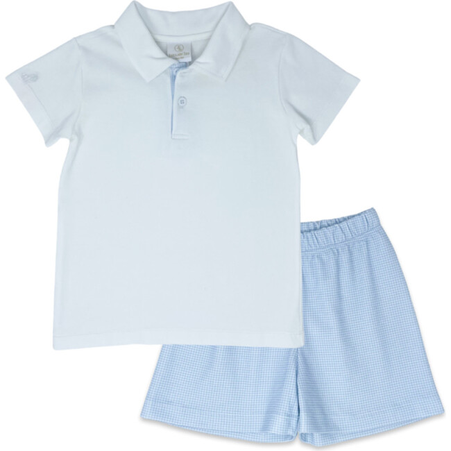 Parker Polo Shirt And Mini Gingham Short Set, Blue And White