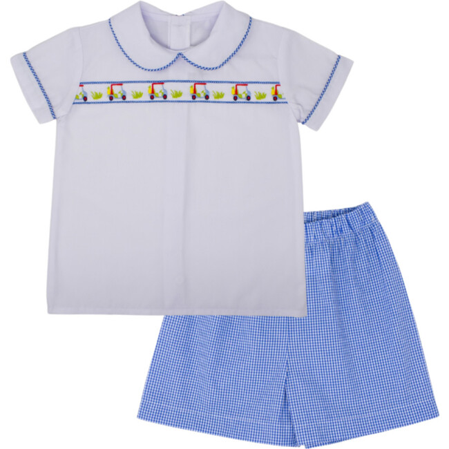 Ethan Golf Cart Shirt And Mini Gingham Short Set, Blue And White
