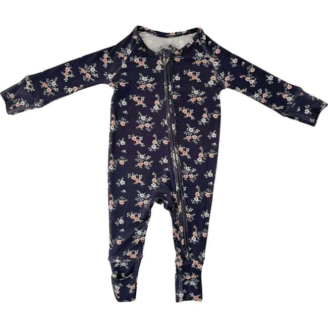 Ditsy Floral Foldover Feet Bamboo Sleeper, Grey Blue - Rompers - 1