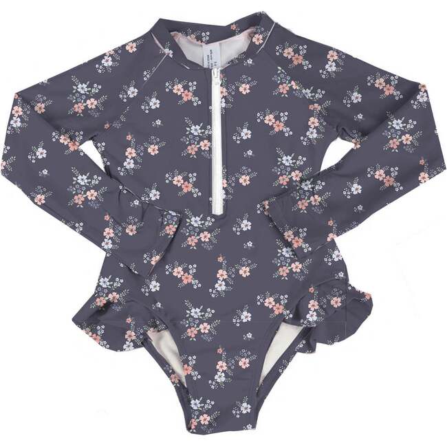 Ditsy Floral Full Sleeve Swimsuit, Grey Blue