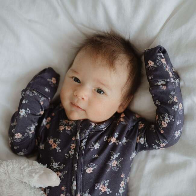 Ditsy Floral Foldover Feet Bamboo Sleeper, Grey Blue - Rompers - 2