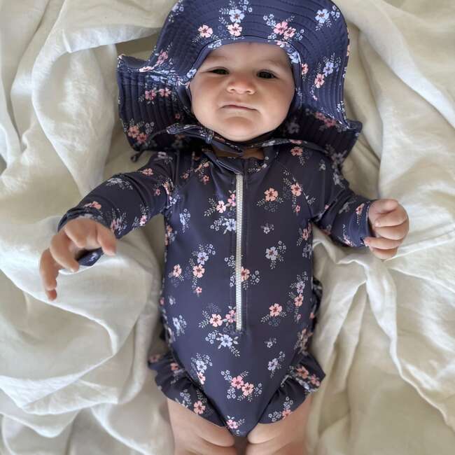 Ditsy Floral Tie-Strap Swim Hat, Grey Blue - Hats - 2