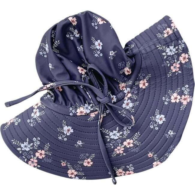Ditsy Floral Tie-Strap Swim Hat, Grey Blue - Hats - 3
