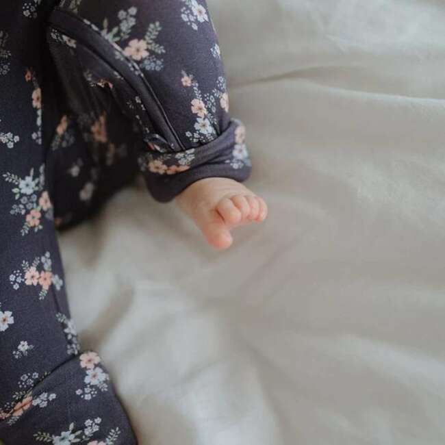 Ditsy Floral Foldover Feet Bamboo Sleeper, Grey Blue - Rompers - 4