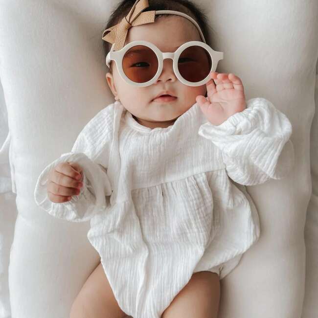 Coconut Muslin Long Sleeve Eyelet Back Romper, White - Rompers - 4