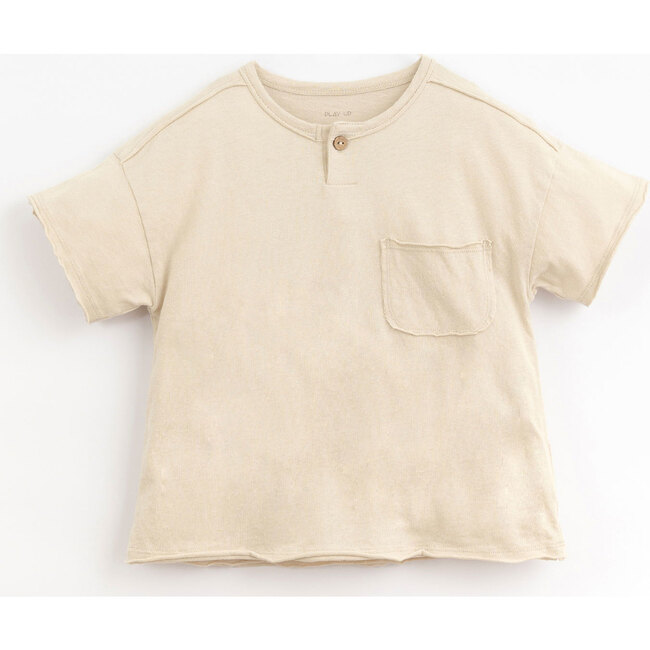 Unfinished Hem Wooden Buttoned Neck T-Shirt, White