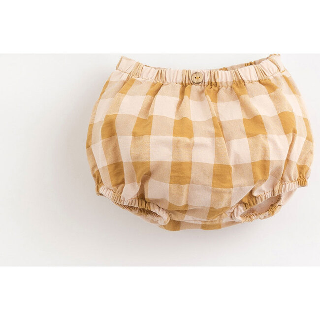 Woodden Buttoned Waist Checked Shorts, Yellow And Pink