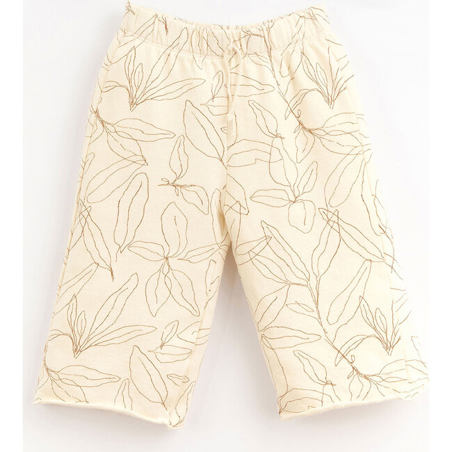 All-Over Leaf Sketch Graphic Print Wide Leg Fleece Pants, White