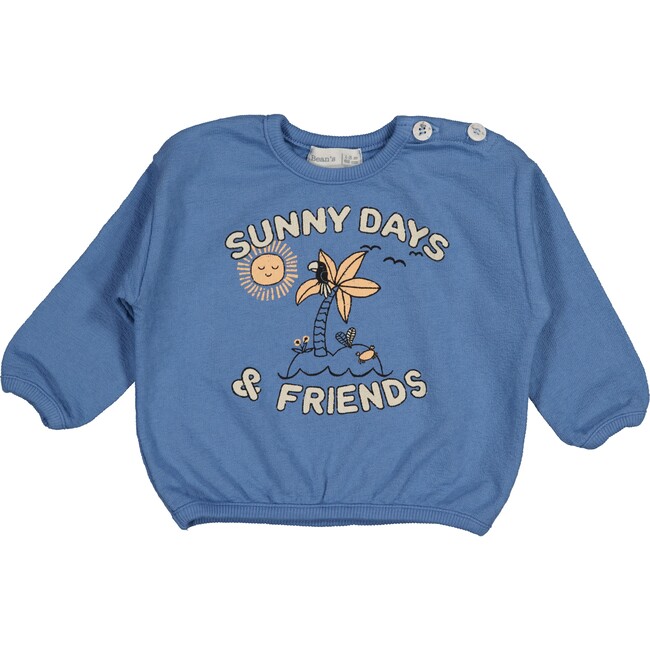 "Sunny Days And Friends" Print Crew Neck Sweatshirt, Blue - Sweatshirts - 1
