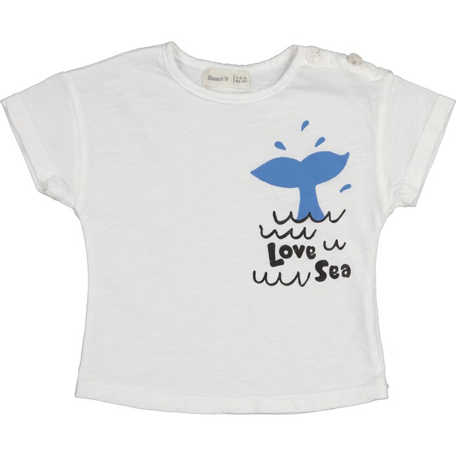 "Love Sea" Blue Whale Tail Print T-Shirt, White