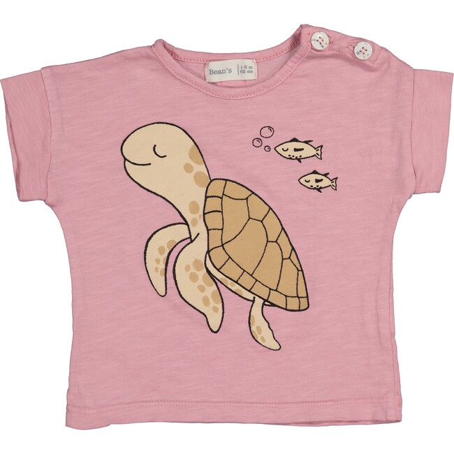 Turtle And 2-Mini Fish Print T-Shirt, Baby Pink