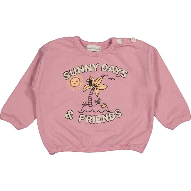 "Sunny Days And Friends" Print Crew Neck Sweatshirt, Pink