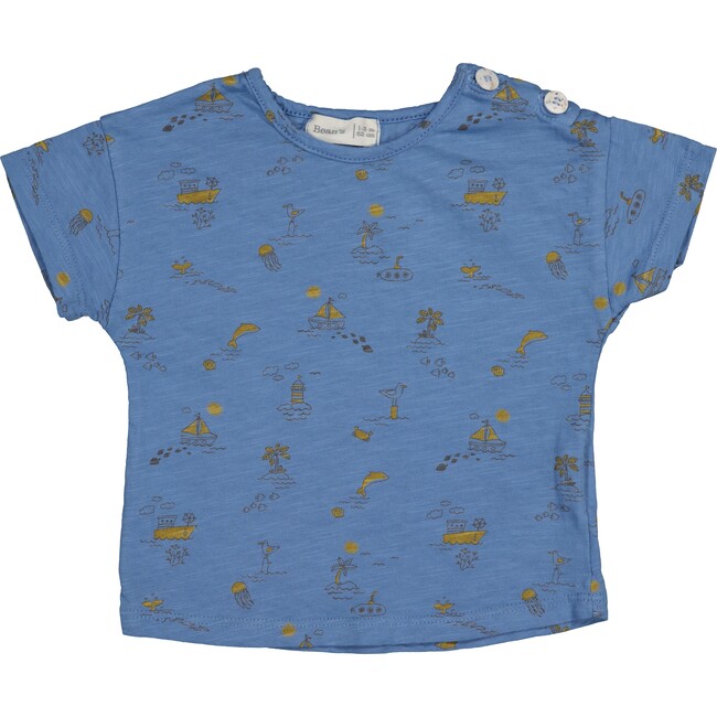 All-Over Sea Theme Print Ruffle Shoulder T-Shirt, Blue - T-Shirts - 1