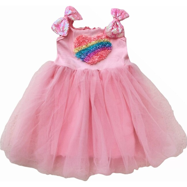 3D Rainbow Heart Tulle Dress, Pink - Dresses - 1