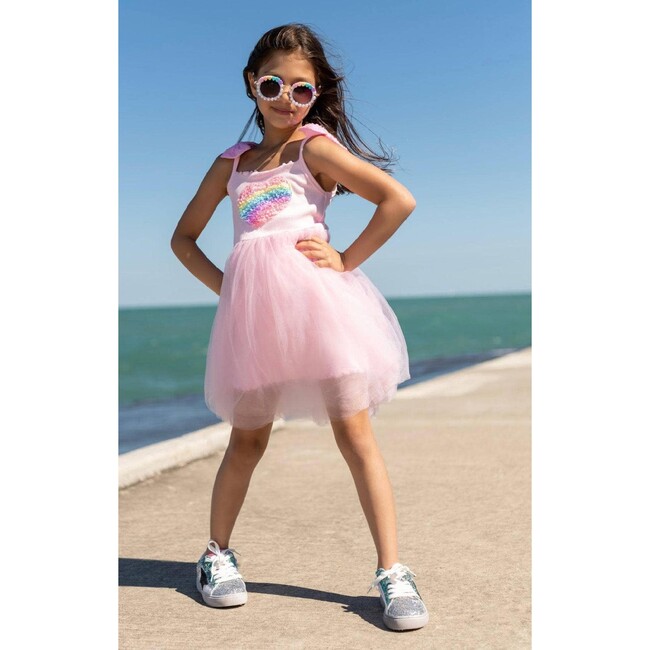 3D Rainbow Heart Tulle Dress, Pink - Dresses - 2