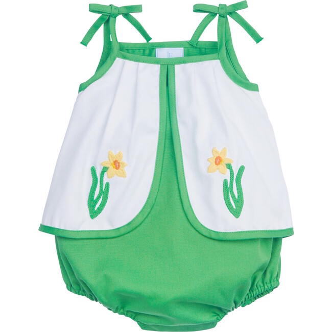 Sadie 2-Daffodils Applique Fixed Bow Sleeveless Sunsuit, Green And White - Rompers - 1