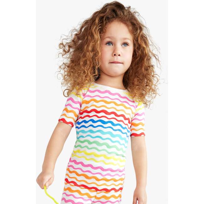 Kids Organic Short Sleeve Pj Top In Rainbow Watercolor Waves, Rainbow Watercolor Wave - Pajamas - 2
