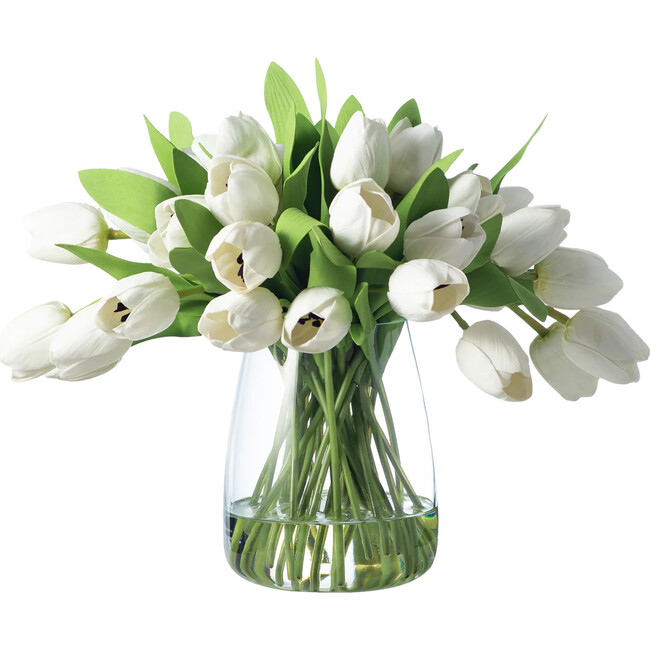 Real Touch White Tulip Faux Floral Arrangement in Glass Teardrop Vase