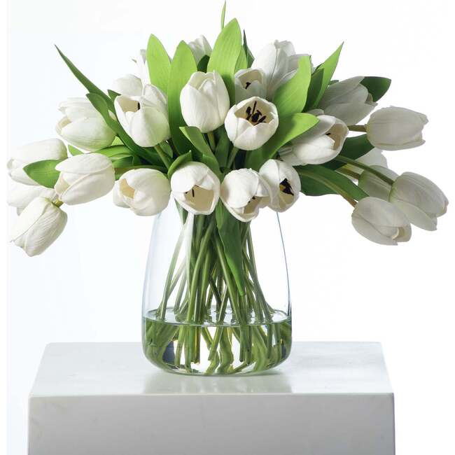 Real Touch White Tulip Faux Floral Arrangement in Glass Teardrop Vase - Bouquets - 2