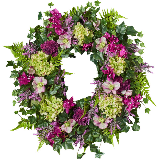 Magenta Bougainvillea, Purple Sedum, and Green Hydrangea Wreath