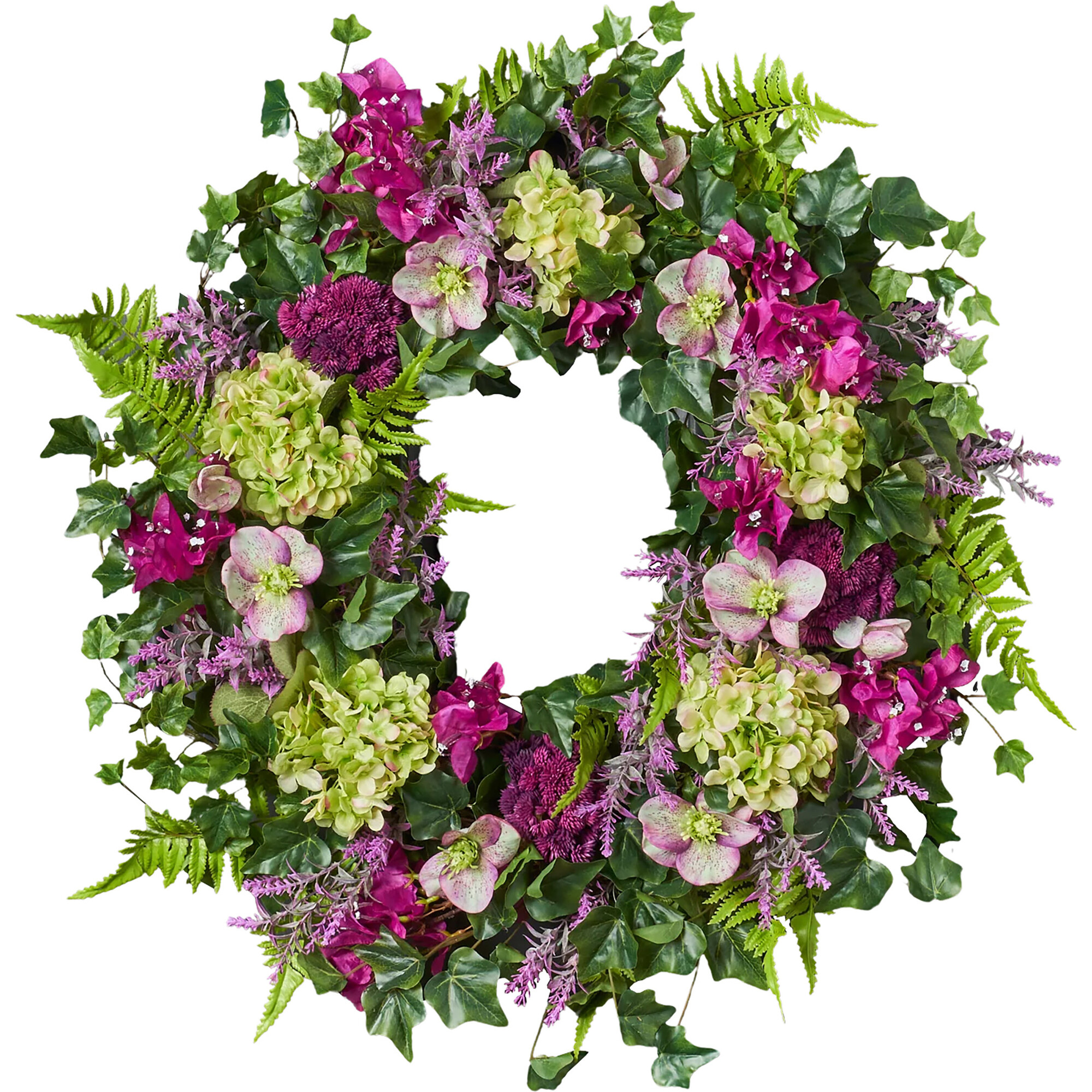 Magenta Bougainvillea, Purple Sedum, and Green Hydrangea Wreath - Wreaths - 1