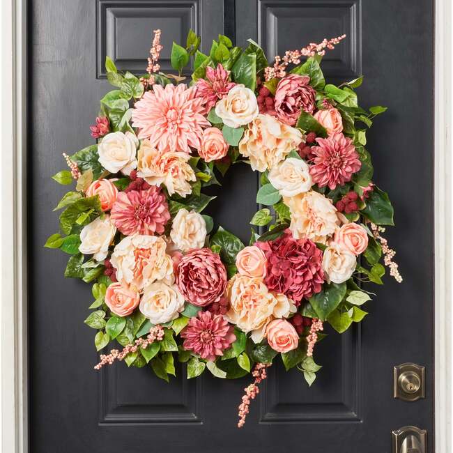 Blush & Bashful Mixed Dahlia, Peony & Rose Wreath - Wreaths - 3