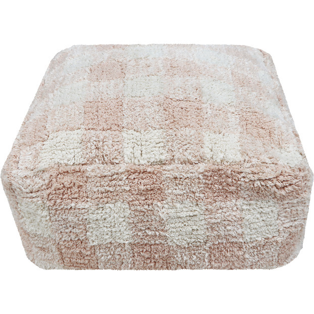 Vichy Plush Tablecloth-Inspired Pouf, Rose - Ottomans - 1