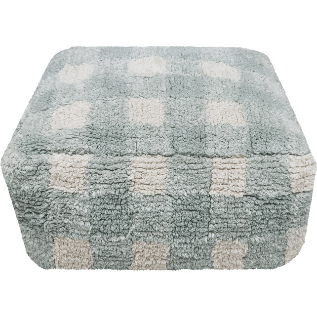 Vichy Plush Tablecloth-Inspired Pouf, Blue Sage