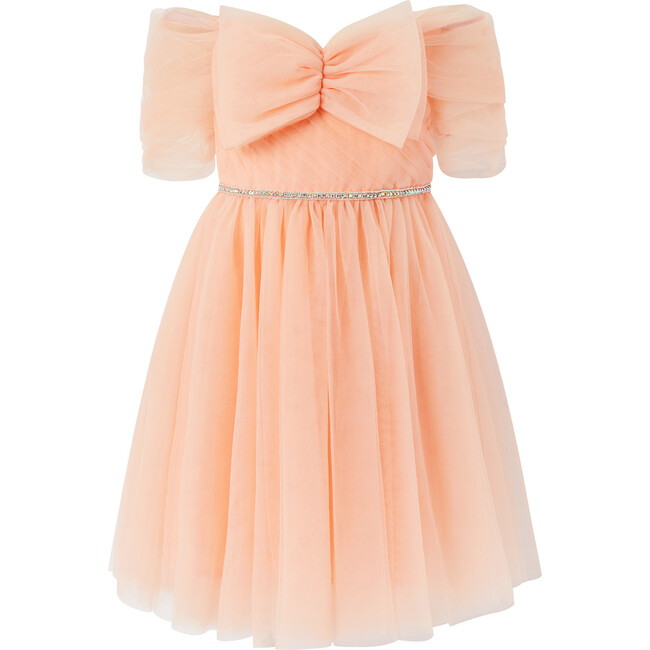 Cinderella Off-Shoulder Front Bow Tulle Dress, Peach