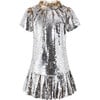 Sparkle Sequin High Neck Pleated Hem Mini Dress, Silver - Dresses - 1 - thumbnail