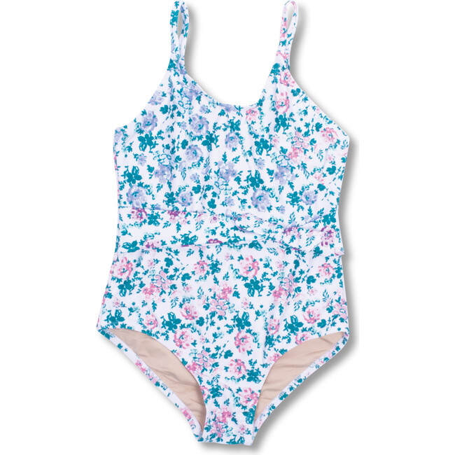 Floral Patchwork Wrap One-Piece Swimsuit, Blue And Multicolors
