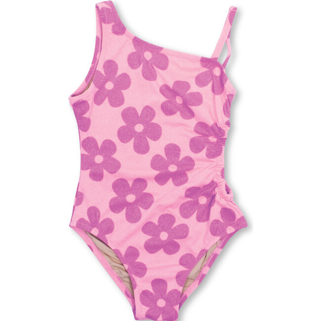 Retro Daisy Shimmer One Shoulder One-Piece Swimsuit, Pink