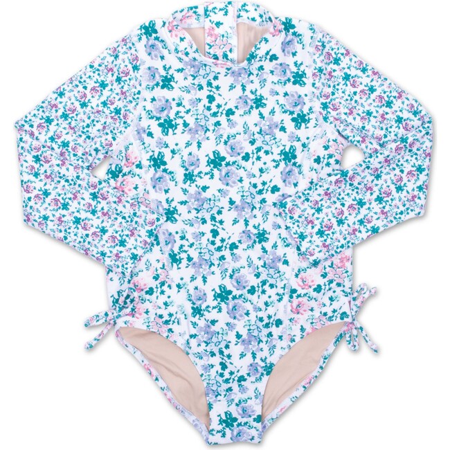 Floral Patchwork Long Sleeve One-Piece Swimsuit, Blue And Multicolors