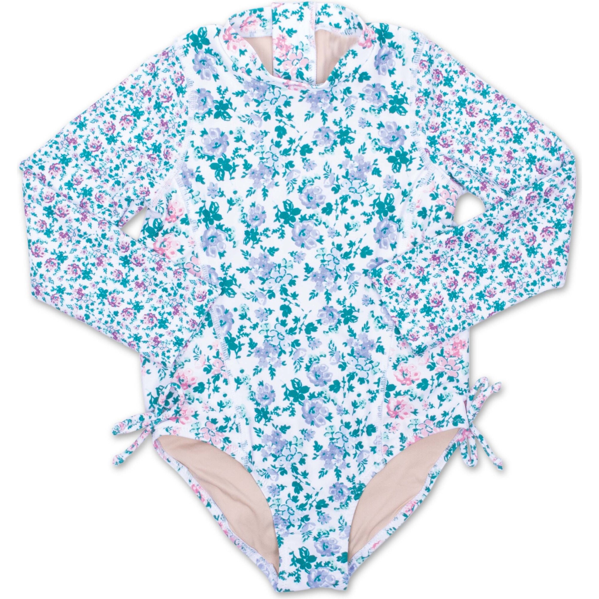 Floral Patchwork Long Sleeve One-Piece Swimsuit, Blue And Multicolors -  Shade Critters Swim