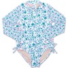 Floral Patchwork Long Sleeve One-Piece Swimsuit, Blue And Multicolors - One Pieces - 1 - thumbnail
