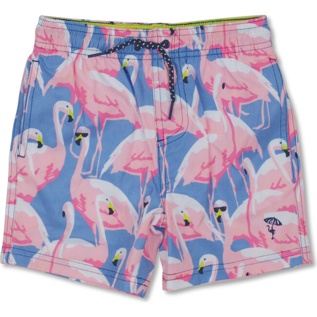 Shady Flamingo 4-Way Stretch Swim Trunk, Blue And Pink