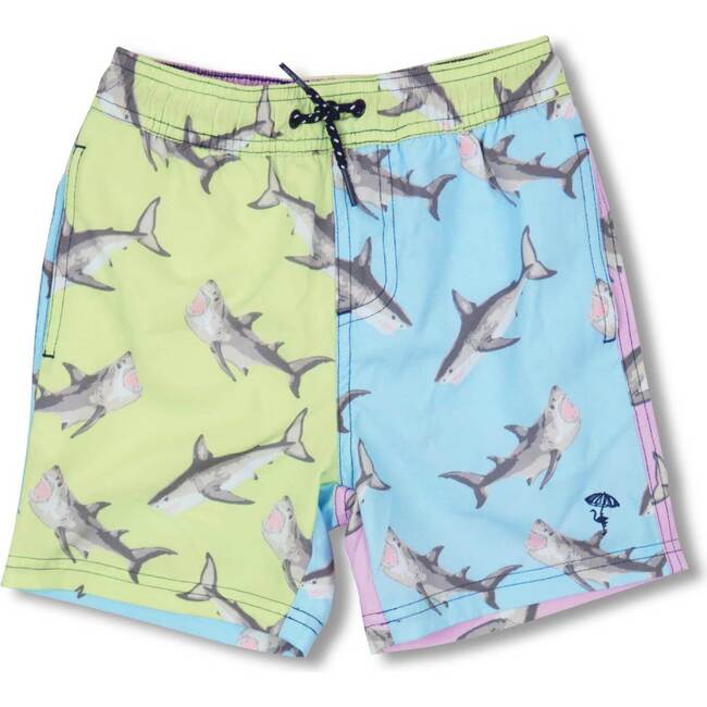 Shark Block Water Appearing Swim Trunk, Green And Blue