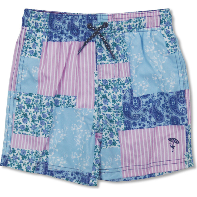 Floral Patchwork 4-Way Stretch Swim Trunk, Blue And Multicolors
