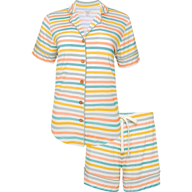 Women's Popsicle Stripe Short Sleeve Shirt And Shorts Pajama, Beige