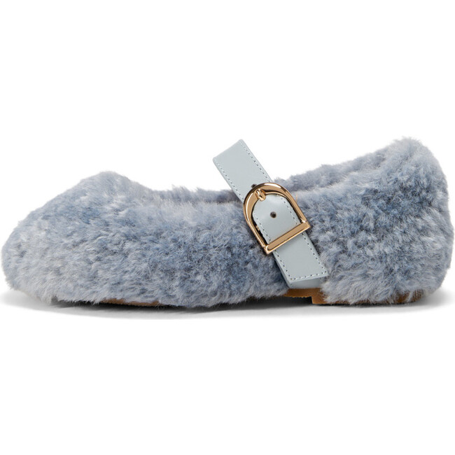Buffy Contrasted Strap Fluffy Shearling Woody Shoes, Blue And Blue