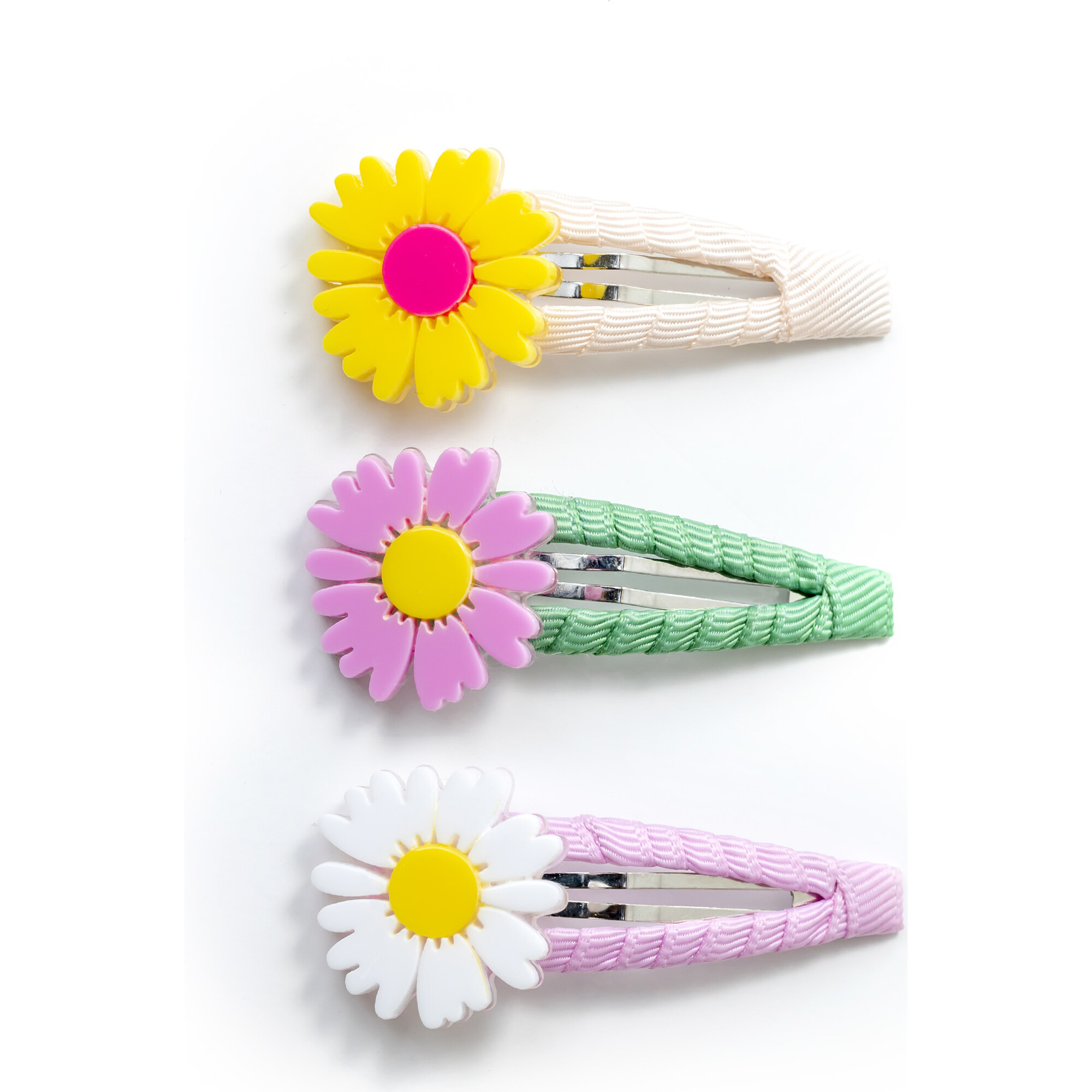 Daisy Yellow, White & Pink Covered Snap Clip - Hair Accessories - 1