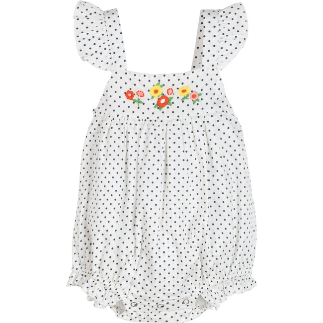 Baby Kenza Embroidered Romper, Navy Pin Dot