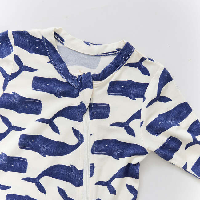 Baby Bamboo Short Sleeve Romper, Blue Whales - Rompers - 4