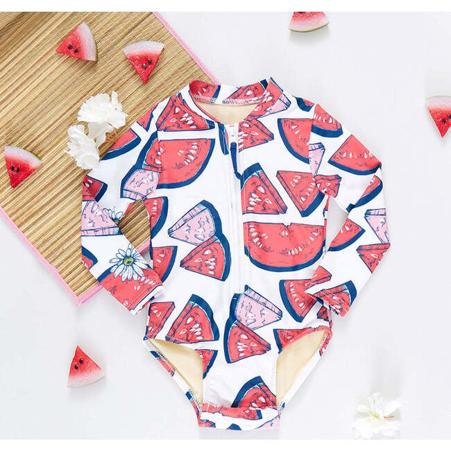 Baby Girls Arden 3/4 Zipper Front Long Sleeve Print Suit, Watermelon Puzzle - One Pieces - 4