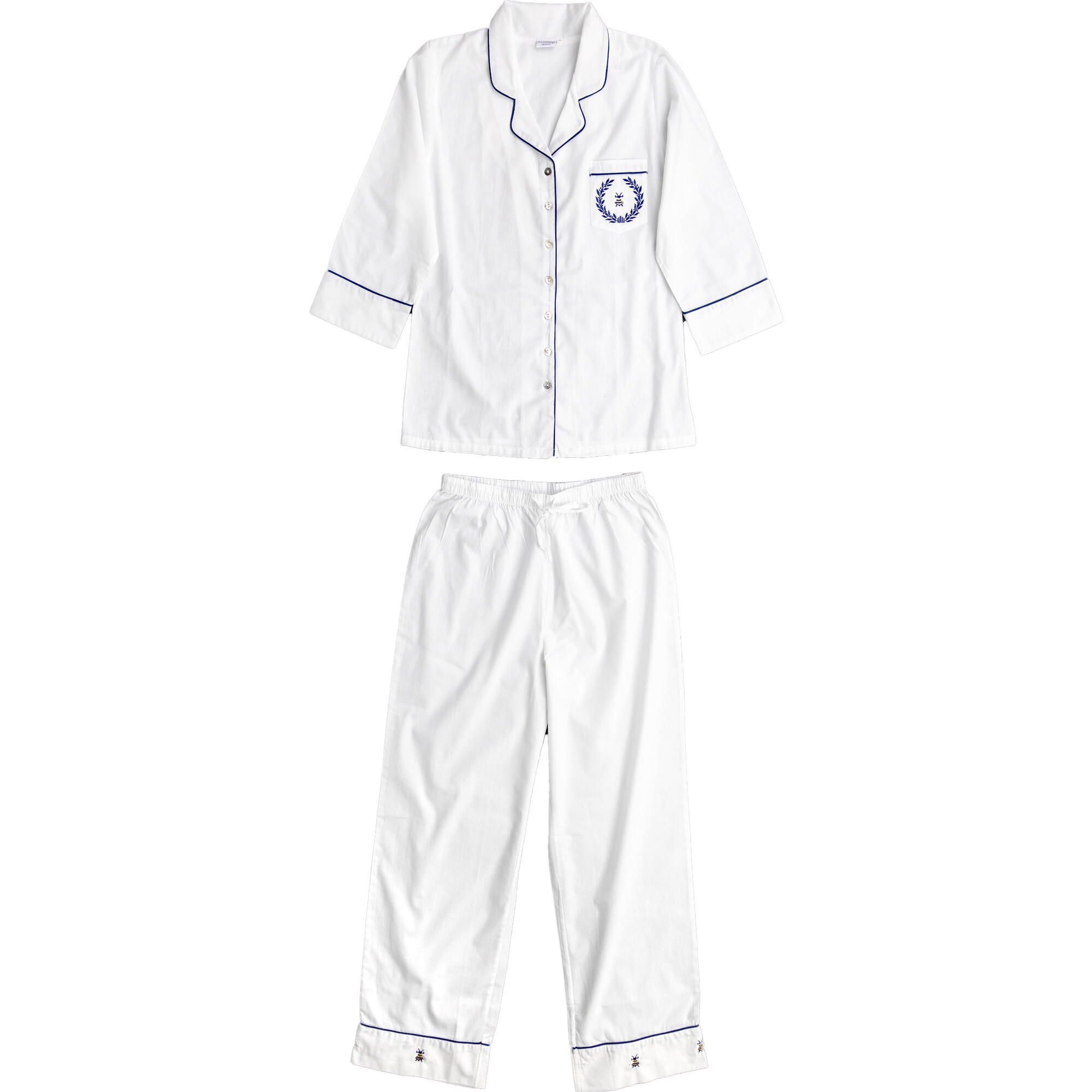 Lizzie Cotton Embroidered Pajamas, White/Navy - Pajamas - 1