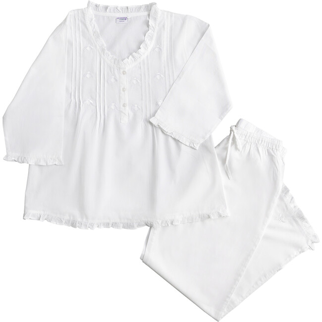 Caroline Ruffle Neck And Hemline Embroidered Pajamas, White - Pajamas - 2