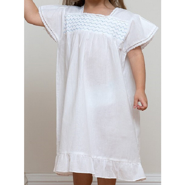 Amelia Smocked Short Sleeve Dress, White And Blue - Dresses - 4