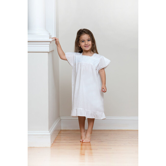 Amelia Smocked Short Sleeve Dress, White And Blue - Dresses - 5