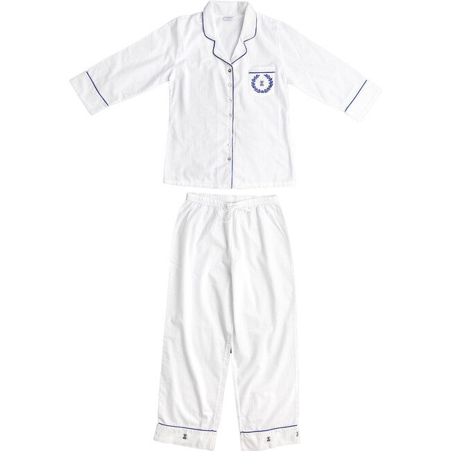 Lizzie Cotton Embroidered Pajamas, White/Navy - Pajamas - 3